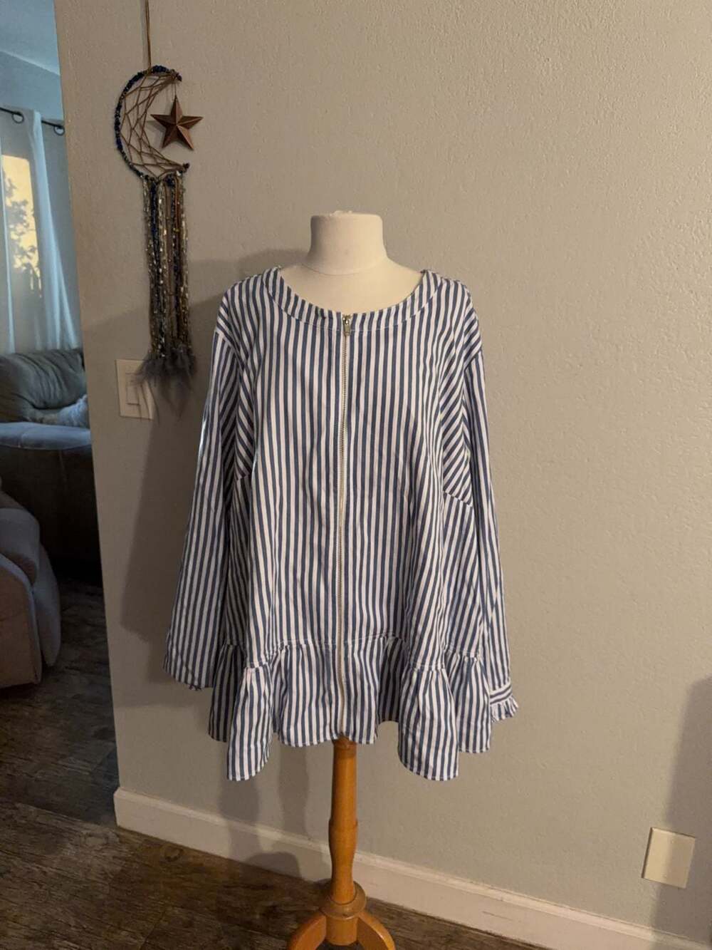 Denim & Co. Blue and White Striped Zip-Front Peplum Blouse Size 3X